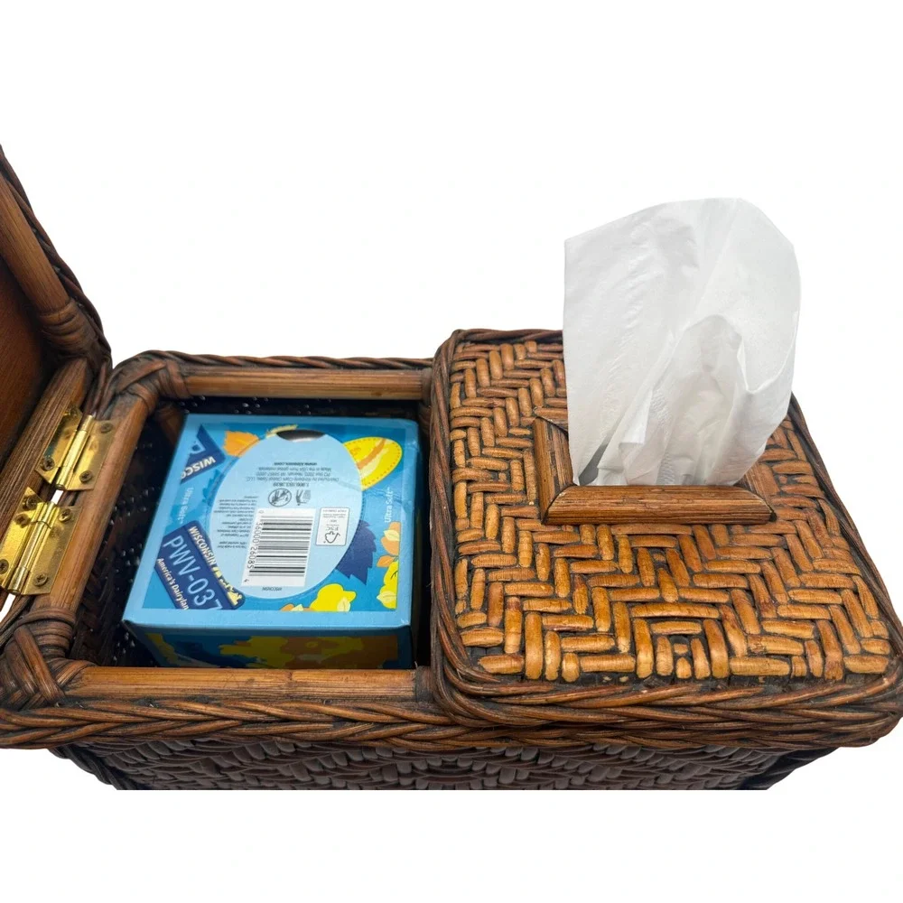 Vintage Woven Wicker Dual Compartment Tissue Box Cover and Storage Basket Brown